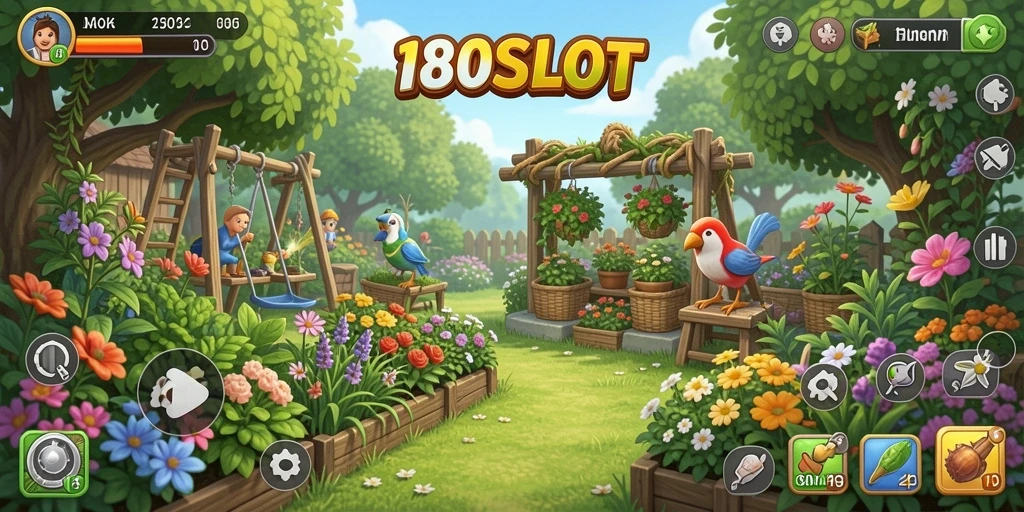 Screenshot tampilan kebun mekar di 180SLOT dengan berbagai tanaman.