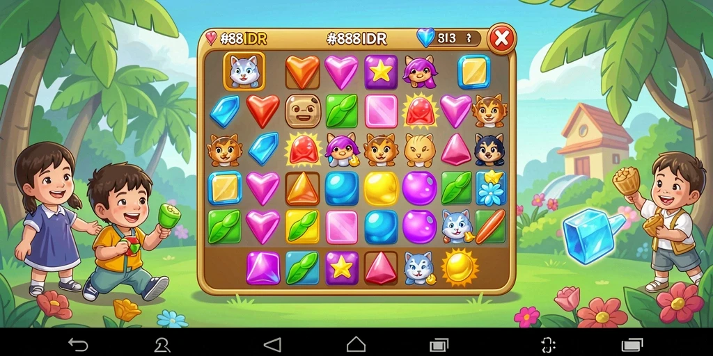 Tampilan permainan <strong>888IDR</strong> yang seru dan penuh warna dalam aksi Match-3.