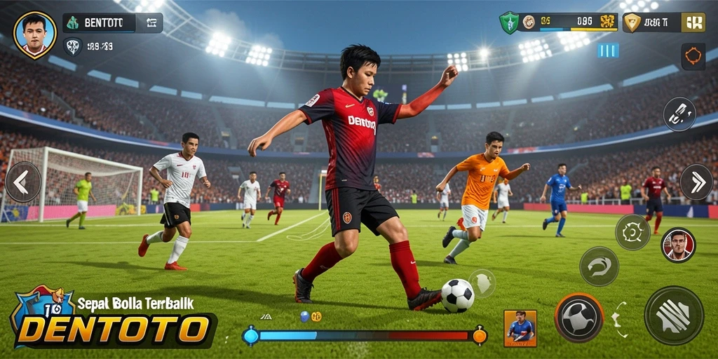Tampilan utama gameplay DENTOTO yang menampilkan aksi sepak bola seru.