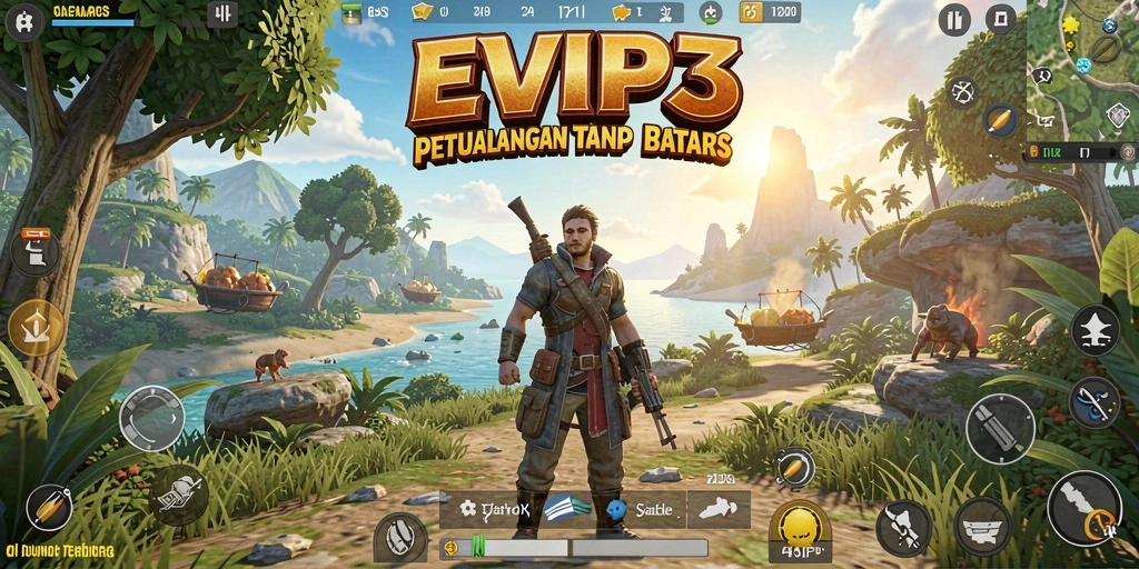 Screenshot gameplay EVIP3 menunjukkan petualangan seru di dunia terbuka.