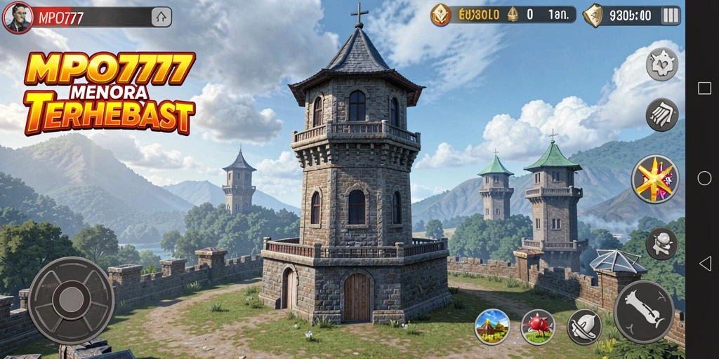 Gameplay MPO777 yang menegangkan dengan menara dan musuh.