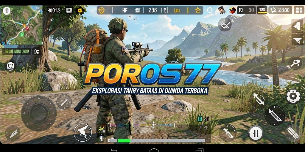 Screenshot gamplay POROS77 menampilkan eksplorasi dunia terbuka yang luas.