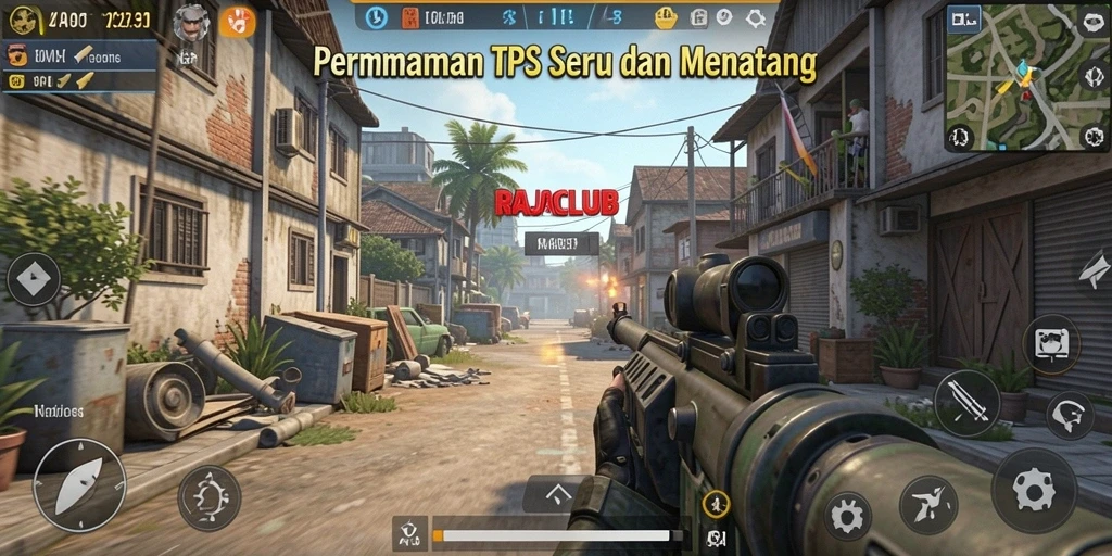 Screenshot utama dari RAJACLUB menampilkan aksi pertarungan TPS yang intens.