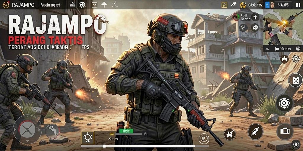 Screenshot gameplay RAJAMPO dengan aksi menegangkan di medan perang FPS.