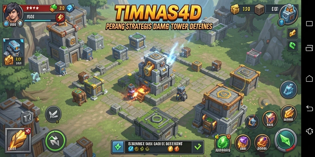 Screenshot gameplay TIMNAS4D menunjukkan pertahanan menara yang strategis.