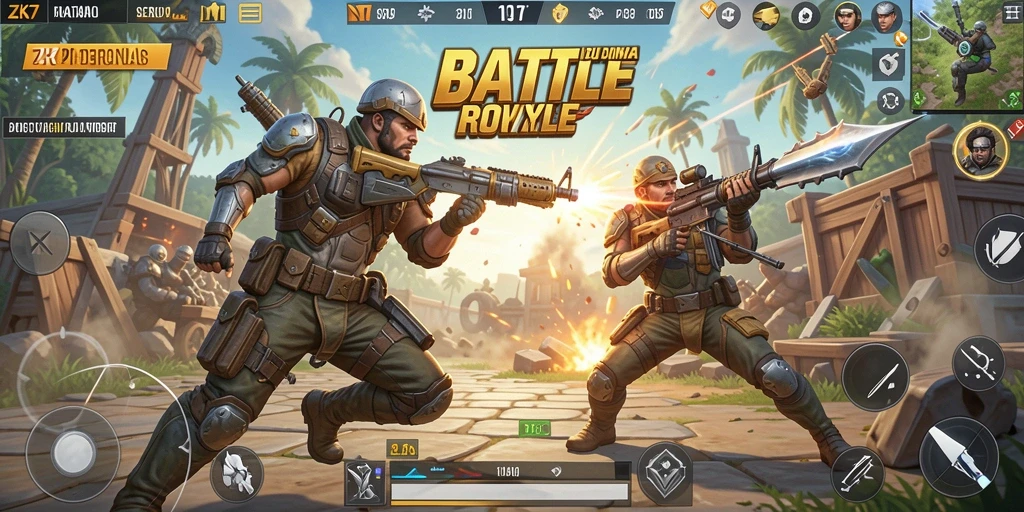 Screenshot gameplay ZK7 menampilkan aksi pertempuran intens di Battle Royale.